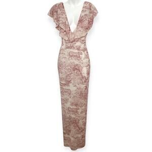 Nasty Gal Toile Print Ruffle Deep V Maxi Dress Cottagecore Boho Evening Sz 8